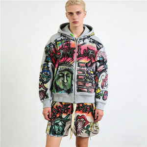 Ensemble sweat à capuche et short personnalisé effet délavé soleil, coupe courte, délavé à l'acide, style streetwear, avec strass et déchirures, fermeture éclair - Product Image 4