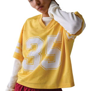 Maillot de football américain jaune oversize en maille pour femme, col en V, streetwear, chemise de sport unisexe, logo personnalisé, tenue d'équipe tendance, vente en gros - Product Image 4