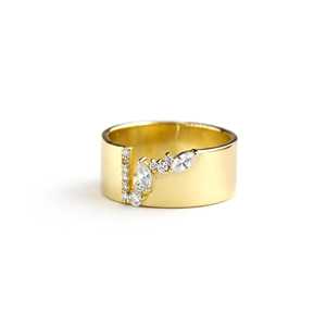 Bague de déclaration en or massif 10K 14K 18K avec diamants de laboratoire marquise et ronds, large bande en or style cigare, grappe asymétrique et épaisse, pour mariage - Product Image 1