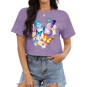 T-shirts Y2K en gros avec motif papillon, couleur lavande, en jersey, à épaules tombantes, toucher doux, imprimés, décontractés, pour femmes, coupe courte - Product Image 1