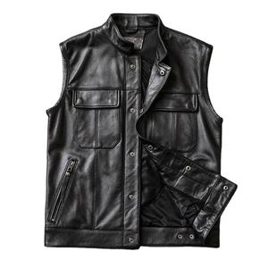 Custom Winter Cowhide Vest for Motorcyclist Bikers 100% Genuine <b>Cow</b> Leather Stand Collar Sleeveless Waistcoat Canvas <b>Fabric</b> - Product Image 1