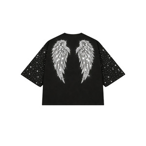 T-shirts personnalisés pour hommes avec strass, luxe, coupe oversize, motif ailes d'ange et diamants noirs, style streetwear hip-hop, tissu épais - Product Image 5