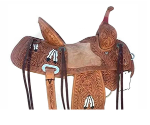 Western Style Brown Leather Barrel Saddle for Horse Riding <b>Hand</b> Tooled & Painted Feather Design Western Horse Style - Product Image 2