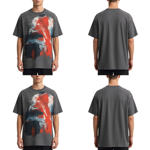 เสื้อยืดโอเวอร์ไซส์ทรงหลวมสำหรับผู้ชาย พรีเมียม พร้อมลายพิมพ์ศิลปะนามธรรมสีเทา และเนื้อผ้าฝ้ายหนานุ่ม - Product Image 4