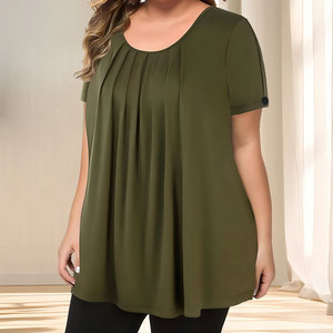 Chemisier décontracté léger en coton pour femme, col rond, manches courtes, grande taille, couleur unie, respirant, séchage rapide - Product Image 3