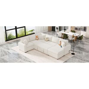 Divano Letto Sezionale 112.2 Color Crema per Soggiorno con Ottomana Contenitore Estraibile e Tre Dispositivi di Ricarica, Cuscini Inclusi - Product Image 2