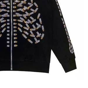 Sweat-shirt à capuche noir pour homme, design crâne en strass, style hip-hop surdimensionné avec fermeture éclair, vêtement d'automne - Product Image 6