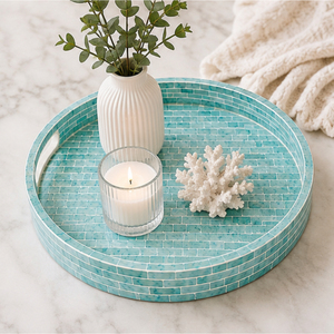 Round Capiz Shell <b>Mosaic</b> Decorative Tray Luxury Turquoise Mother of Pearl Inlay Serving Tray with Cutout Handles for Home Decor - Product Image 4