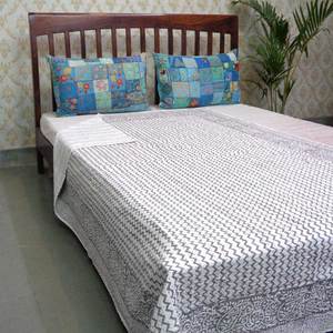 Hand Block Printed Cotton Kantha Twin Bedspread <b>Throw</b> 150x220 cm Hand Embroidered Indian Handmade Quilt Boho Home Textile Export - Product Image 4