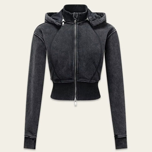 Sweat à capuche court zippé pour femme, manches longues, couleur unie, en tricot de coton et élasthanne, respirant, séchage rapide, décontracté, pour l'automne - Product Image 3