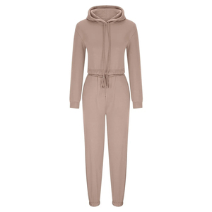 Women Beige Hooded Crop <b>Top</b> Tracksuit Set Full Length Side Pockets Casual Solid Color Cotton Material Autumn Wear - Product Image 3