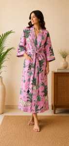 Bata Kimono 100% Algodón con Estampado Animal, Estampado a Bloques, Transpirable, Suave, para Todas las Estaciones, Ropa de Dormir de Verano - Product Image 6