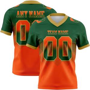 เสื้อฟุตบอลอเมริกันสีเขียวส้มขายดีที่สุด ผลิตจากโพลีเอสเตอร์ 100% ผ้าตาข่ายแบบเบิร์ดอาย  รับสกรีนโลโก้ ชื่อทีม หมายเลขผู้เล่น ไซส์ XS-7XL รับผลิตแบบ OEM - Product Image 1