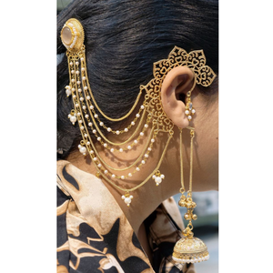 Pendientes de Oreja con Baño de Oro de Lujo y Piedras Color Durazno, Pendientes de Cadena de Perlas de Varias Hebras, Joyería Tradicional Estilo Bollywood - Product Image 4