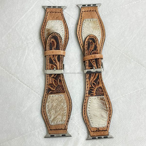 Bracelets de montre rustiques en cuir de vachette véritable usiné à la main avec compatibilité d'accents capillaires avec outillage floral pour un style occidental audacieux - Product Image 5