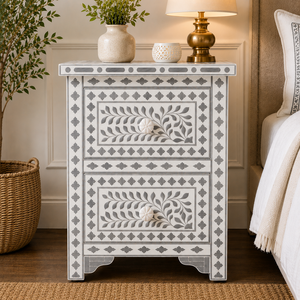 Mesa Auxiliar Artesanal de Resina con Incrustaciones de Hueso y 2 Cajones de Almacenamiento, Mesita de Noche de Lujo con Incrustaciones de Hueso para Dormitorio - Product Image 1