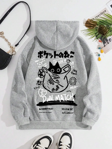 Sweat-shirt à capuche unisexe à manches longues, motif chat noir et dessin animé, style décontracté urbain et sportif, pour l'extérieur, automne-hiver - Product Image 3