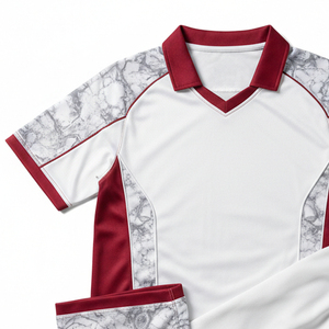 Ensemble d'uniformes de cricket personnalisés, imprimé marbré blanc et rouge, respirant, séchage rapide, polo, pantalon de survêtement, kit d'équipe - Product Image 4