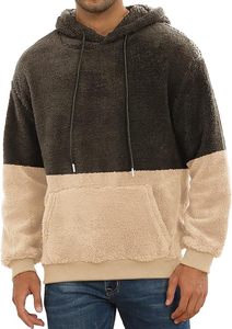 Sudadera con capucha de forro polar para hombre, en bloques de color negro y beige, corte regular, informal, para invierno, con bolsillo frontal. - Product Image 3