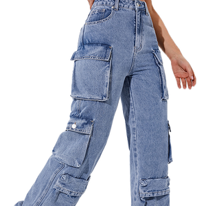 กางเกงยีนส์คาร์โก้ทรงหลวมเอวสูงสไตล์บอยเฟรนด์ หลายกระเป๋า ขาบาน ผ้าเดนิมเนื้อนุ่มสำหรับผู้หญิง - Product Image 1