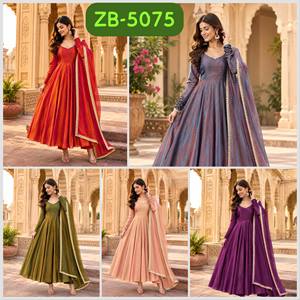 Traje Anarkali Tradicional Indio GRIS para Boda, Largo hasta el Suelo, Corte Holgado, Poliéster, Ropa Étnica para Mujer con Dupatta Dorada - Product Image 5