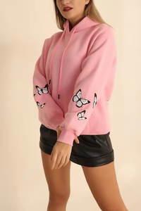 Sudadera con Capucha Oversize Rosa para Mujer con Bordado de Mariposas en las Mangas, Corte Regular, Felpa, Ropa Casual de Otoño - Product Image 3