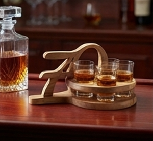 Plateau circulaire à double niveau en bois avec porte-verres, support de rangement minimaliste fait main pour bar et vaisselle de salon - Product Image 6