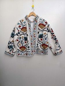 Hand Embroidered Floral Cotton <b>Jacket</b> Women's Prairie Chic Open Front V-Neck Full Sleeve Spring Wear Suzani Embroidered Cotton - Product Image 3