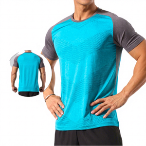 Men's Raglan Sleeve Quick Dry <b>Geometric</b> Pattern Sport T-<b>Shirt</b> Slim Fit O-Neck Polyester Knitted Short Sleeve Green Gray - Product Image 3