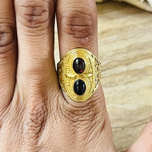 Premium Look Gold Plated Brass Black Onyx & Garnet <b>Ring</b> Vintage Style Filigree Texture <b>Ring</b> <b>Statement</b> Handmade Wholesale <b>Ring</b> - Product Image 3