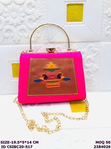 Handmade Silk Embroidered Clutch Bag with Metal <b>Frame</b> Handle | Ethnic Designer Peacock Motif Bridal Party Handbag for Women - Product Image 4