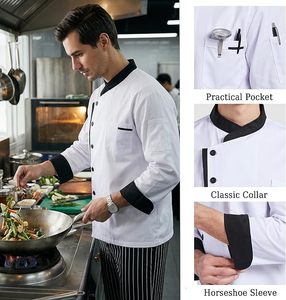 เสื้อเชฟสีขาวสำหรับผู้ชาย แต่งขอบสีดำ แขน 3/4 ระบายอากาศได้ดี ชุดยูนิฟอร์มแฟชั่นสำหรับทำงาน - Product Image 6