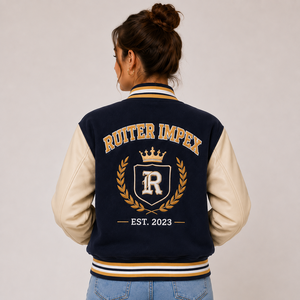 <b>Women's</b> Navy <b>Beige</b> Letter R Embroidered Varsity <b>Jacket</b> Preppy Style Turn-down Collar Front Logo Regular Fit - Product Image 2
