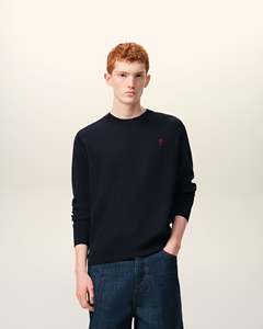 Men's Navy Crew Neck <b>Sweater</b> Embroidered Heart Logo Regular Fit Knitted Cotton <b>Pullover</b> Casual Autumn Wear - Product Image 5