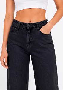 Pantalones de mezclilla azul real vibrante de cintura alta y pierna ancha para mujer, con cinturón completo, de largo completo, corte relajado y bolsillos funcionales, de algodón. - Product Image 3