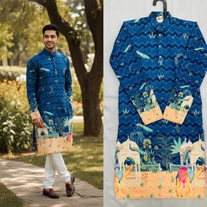 NiMa Creations Kurta de Algodón para Hombre, Estampado Digital Azul, Largo hasta la Rodilla, Corte Regular, Estilo Tradicional Indio-Pakistaní, Informal, para Fiestas - Product Image 4