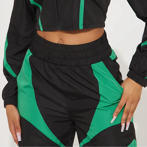 Premium <b>Women's</b> Colorblock Cropped <b>Windbreaker</b> Set Lightweight Nylon Wide Leg Tracksuit OEM Private Label Activewear - Product Image 4