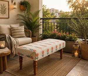 Banco Otomano Rústico Tapizado de Lana y Yute Hecho a Mano con Diseño Floral para Dormitorio, Cabecera de Cama o Entrada - Product Image 5