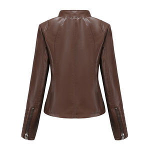 Chaqueta de Moto de Cuero PU Marrón para Mujer, Cuello Alto, Manga Larga, Cierre de Cremallera, Color Sólido, para Otoño - Product Image 3