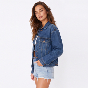 Women's Denim <b>Trucker</b> <b>Jacket</b> Full Sleeve Turn-down Collar Button Closure Denim <b>Jackets</b> Ladies Chest Pockets Casual Jeans <b>Jacket</b> - Product Image 2