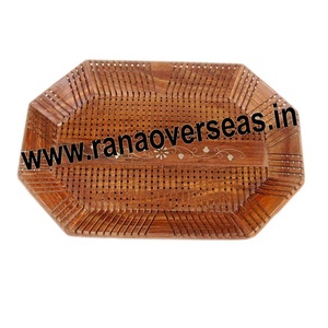 Octagonal Shape With <b>Carved</b> Design <b>Wooden</b> Kitchen Table Decor Serving Tray in Bronze Color - Product Image 1