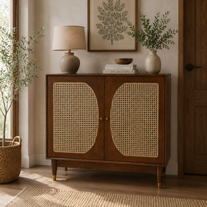 Aparador de Madera Maciza y Ratán Estilo Moderno de Mediados de Siglo, Mueble de Almacenamiento para Sala de Estar, Dormitorio u Hotel - Product Image 5