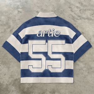 Chemise décontractée Artie pour homme à rayures, en toile respirante tricotée, manches courtes, logo brodé sur le devant, bleu et blanc, coupe classique - Product Image 2