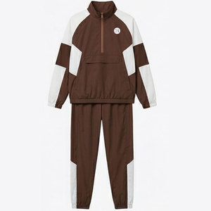 Chándal Unisex Marrón y Blanco con Bloques de Color, Manga Larga, Cierre de Cremallera de Cuarto, Diseño Deportivo, Transpirable, de Poliéster, para Adultos, Ropa de Otoño - Product Image 1