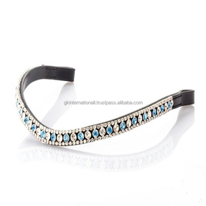 Top Brand 3 Row Blue and clear Crystals <b>Shining</b> Diamante Mega Bling Black English Leather Horse Brow Band at Factory Price - Product Image 4