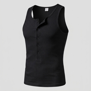 Débardeur côtelé blanc pour homme, col Henley, boutons sur le devant, sans manches, style décontracté - Product Image 3