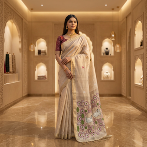 Sari en coton avec broderies florales et animalières Meenakari, tenue traditionnelle indienne pour femmes, style mariage - Product Image 1