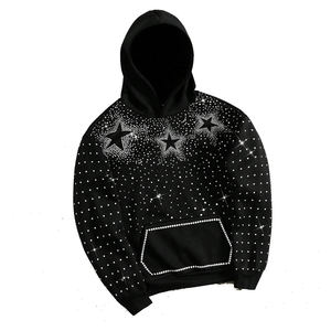 Sudadera con capucha de moda con cremallera y pedrería de cristal brillante, estilo urbano, informal, 100% algodón, con hombros caídos, unisex - Product Image 3