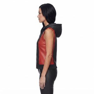 Fashion Women's Hooded Leather Vest Women's Leather Sleeveless Hoodie with <b>Zipper</b> Female Side Pockets Leather Hood Vest - Product Image 3