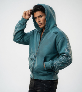 Sweat à capuche zippé unisexe en molleton épais, coupe oversize, délavé à l'acide et effet soleil, avec impression sérigraphiée personnalisée et strass, pour l'hiver et le streetwear - Product Image 5